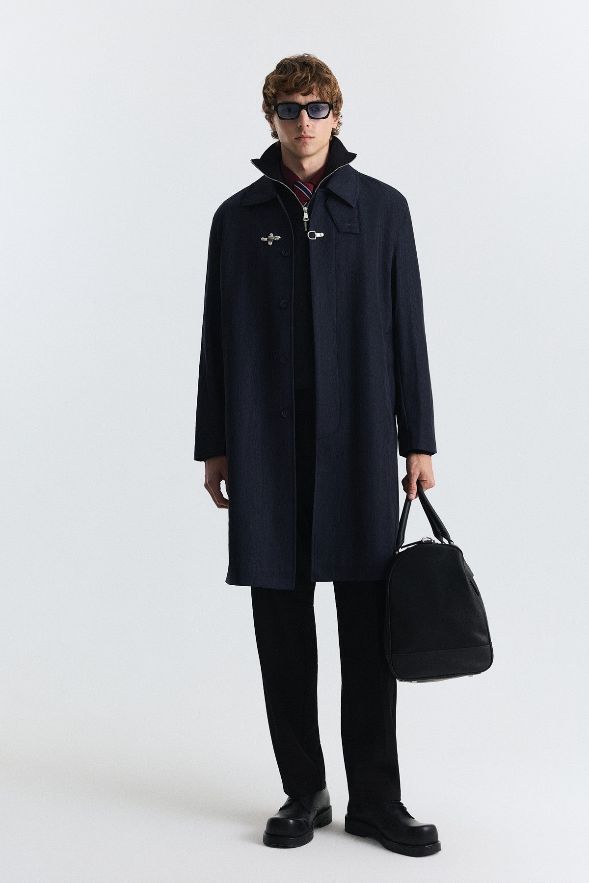 Stand-Up Collar Trench Coat with Metal Buttons