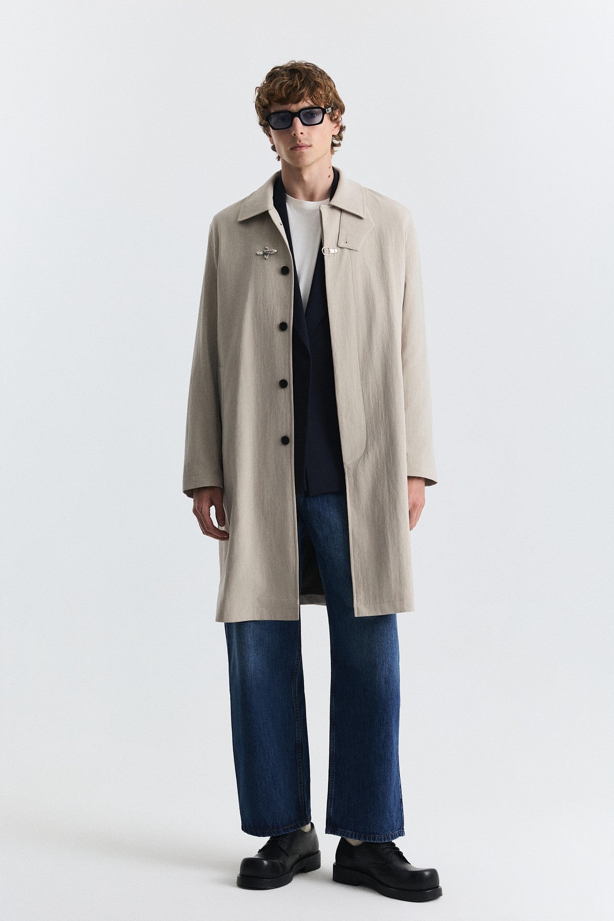 Stand-Up Collar Trench Coat with Metal Buttons