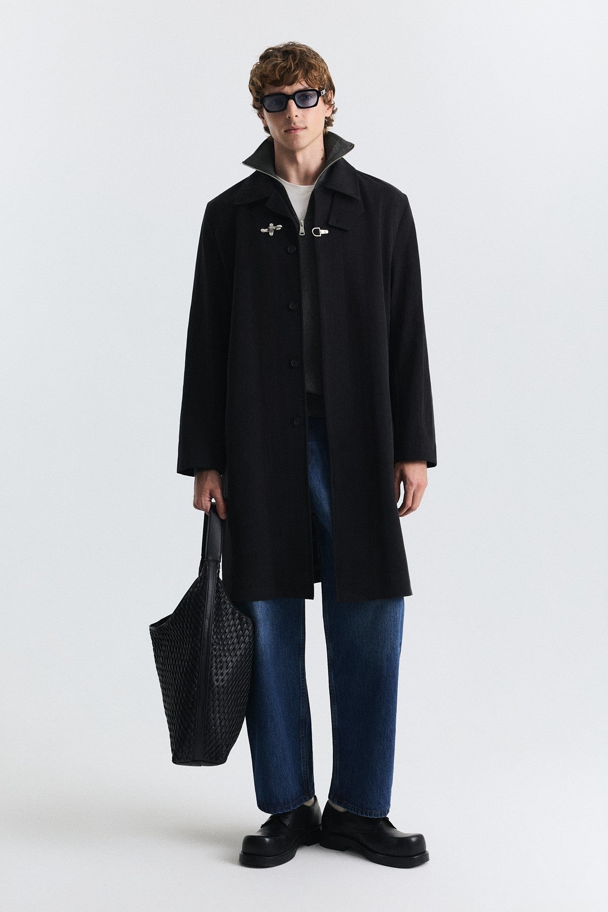 Stand-Up Collar Trench Coat with Metal Buttons