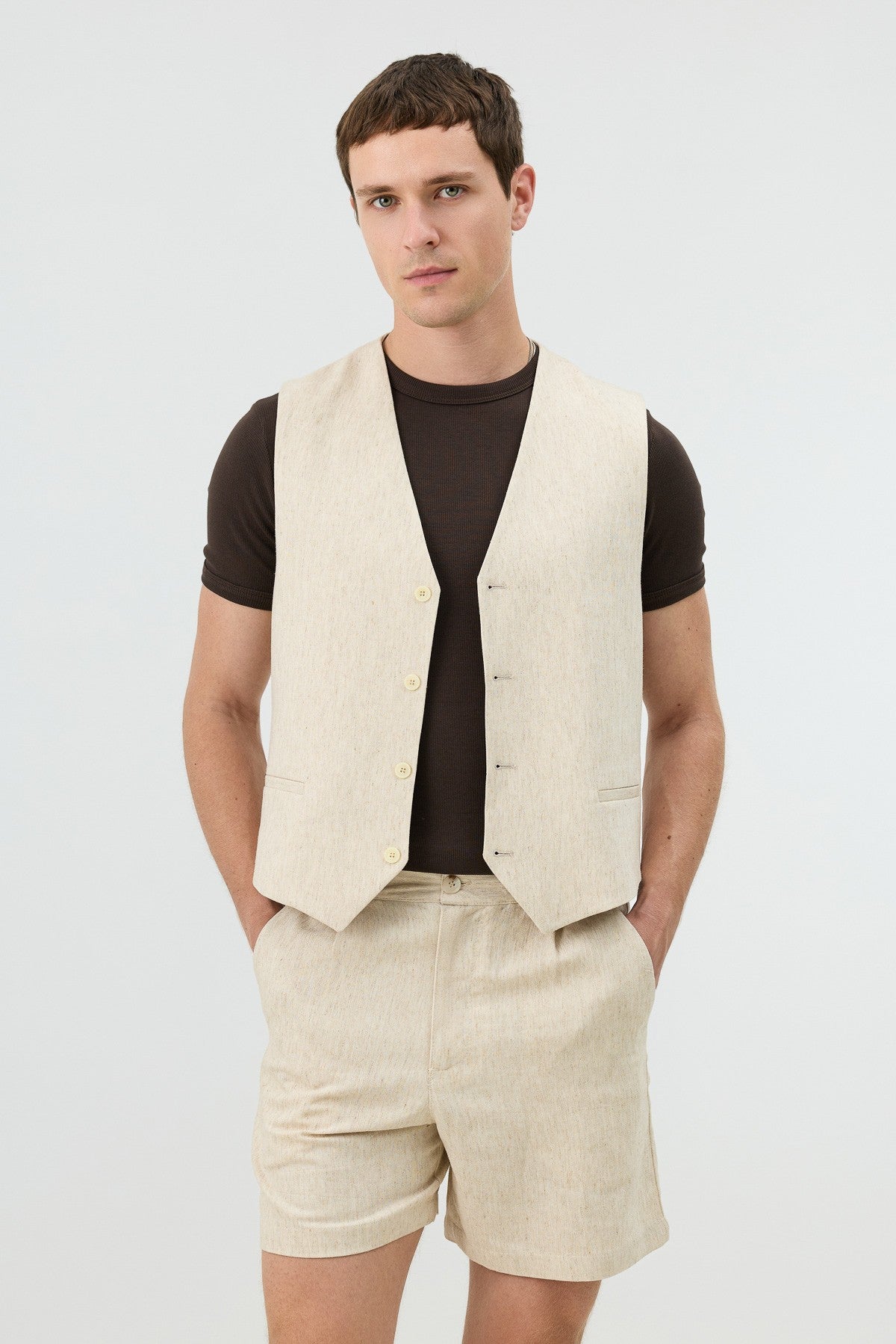 Antioch Men's Vest with Linen Blend and Herringbone Pattern