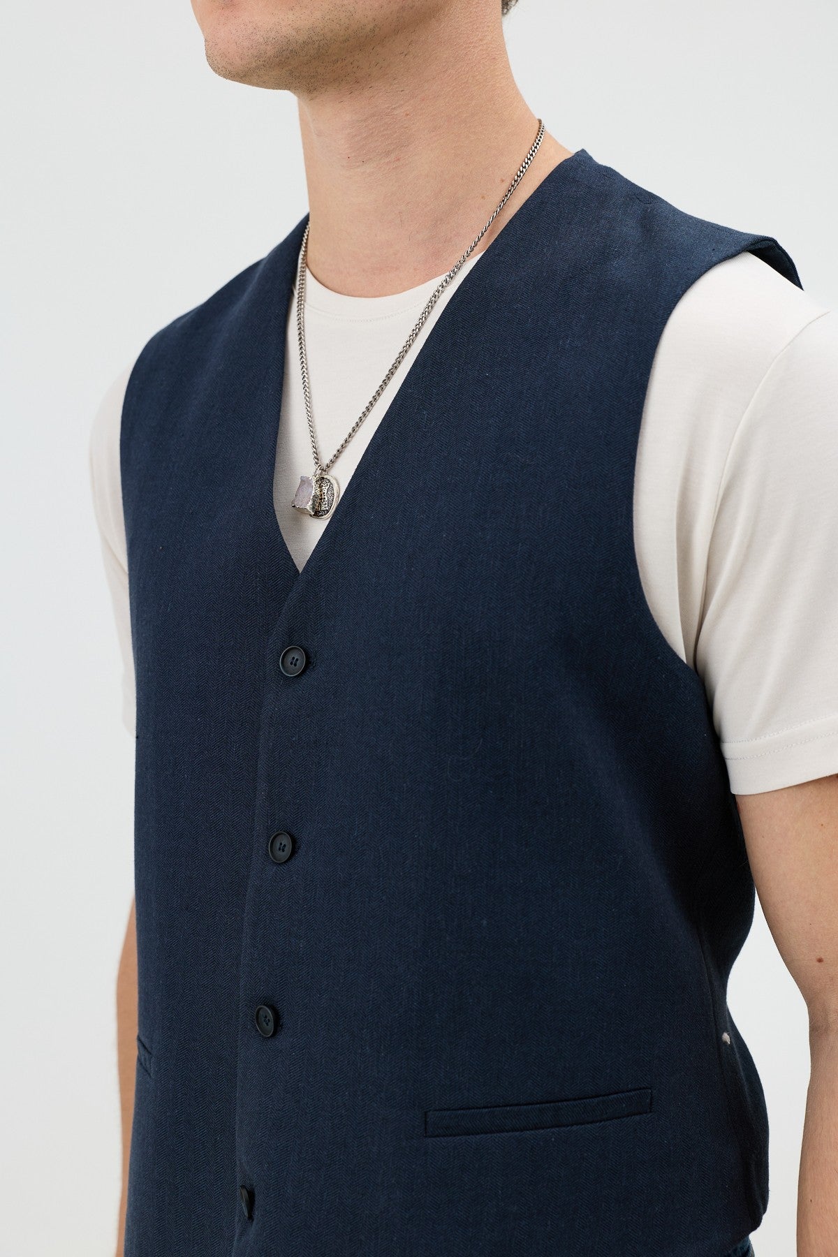 Antioch Men's Vest with Linen Blend and Herringbone Pattern
