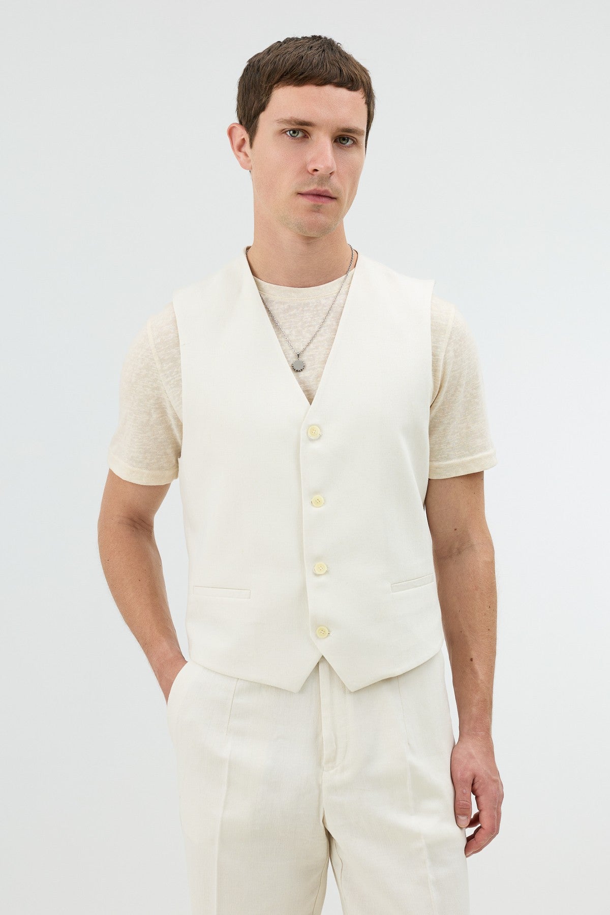 Antioch Men's Vest with Linen Blend and Herringbone Pattern