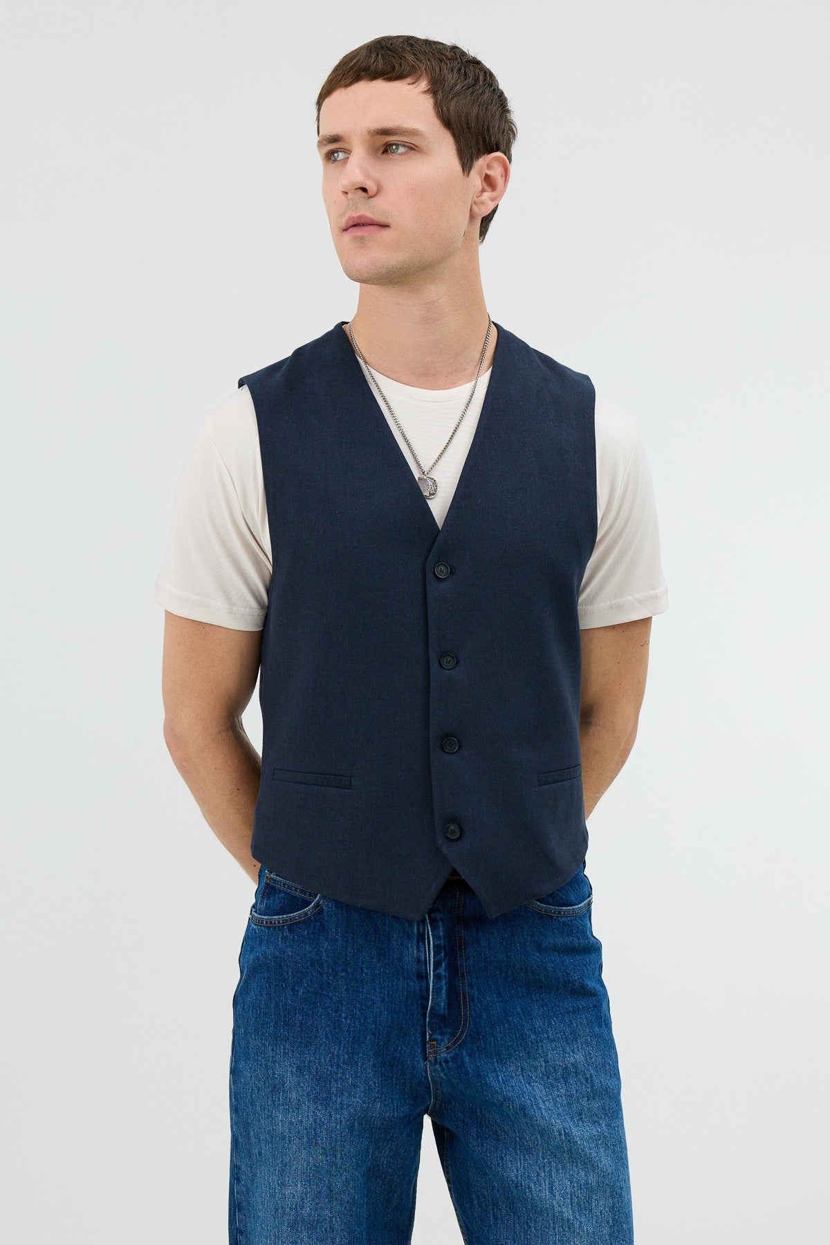 Antioch Men's Vest with Linen Blend and Herringbone Pattern