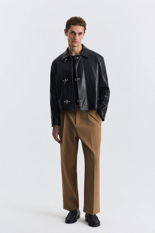 Faux Leather Jacket with Metal-Embellished Buttons