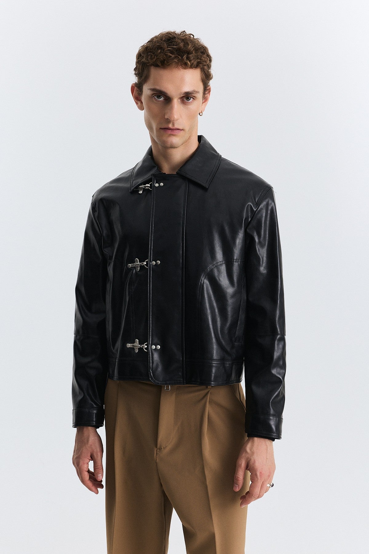 Faux Leather Jacket with Metal-Embellished Buttons