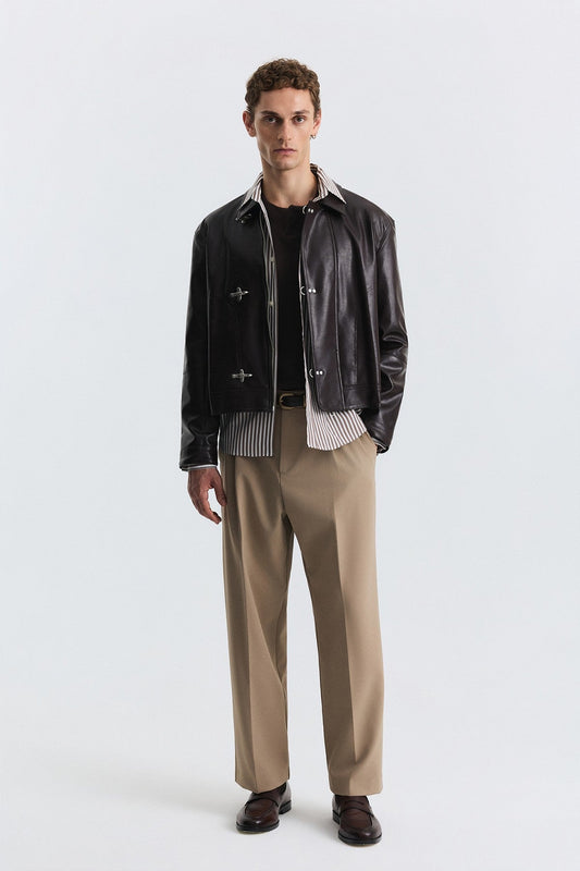 Faux Leather Jacket with Metal-Embellished Buttons