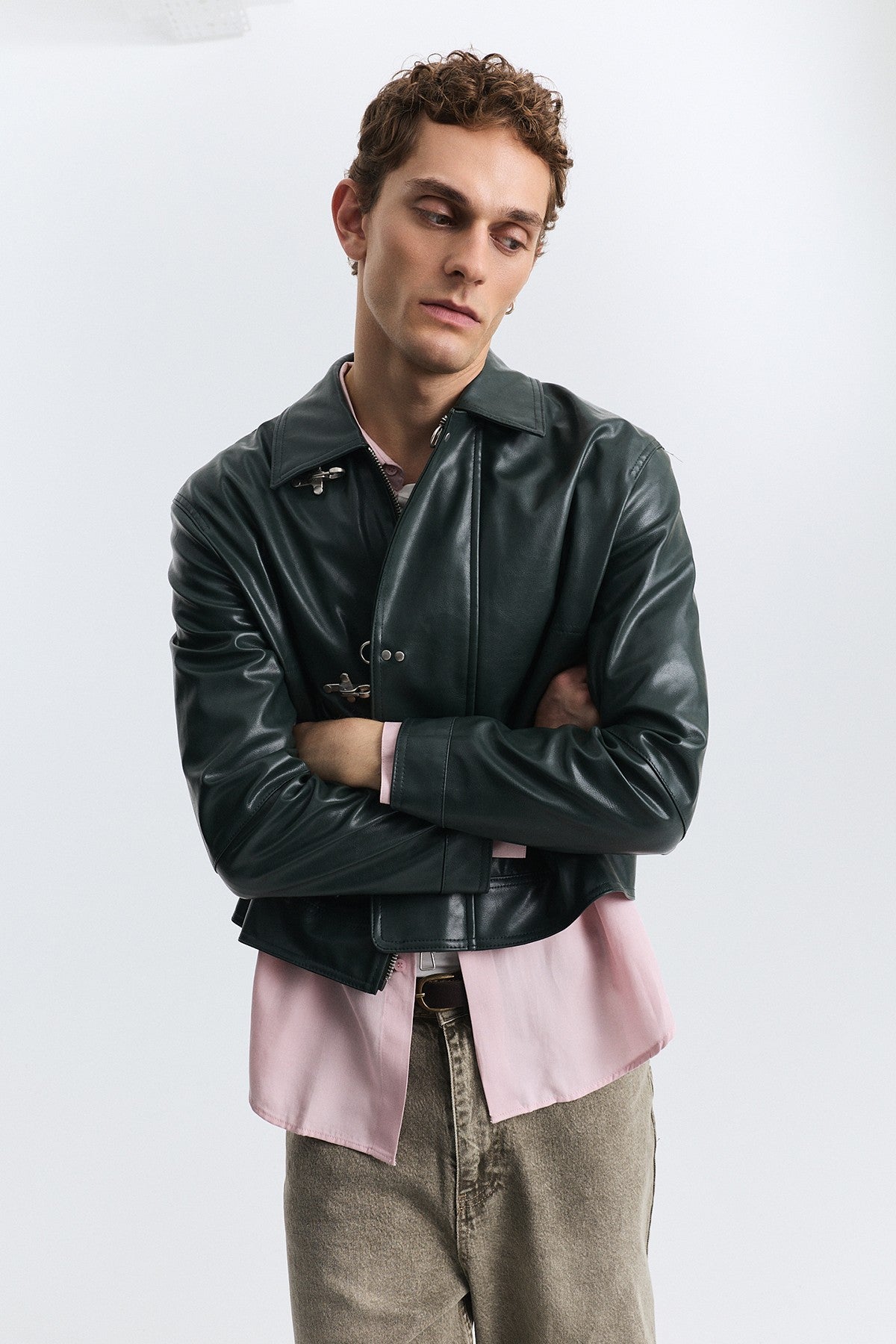 Faux Leather Jacket with Metal-Embellished Buttons