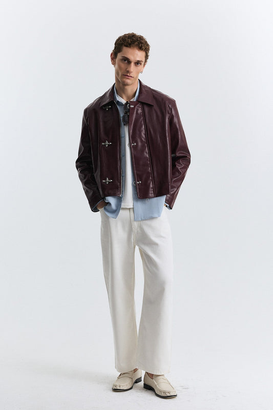 Faux Leather Jacket with Metal-Embellished Buttons