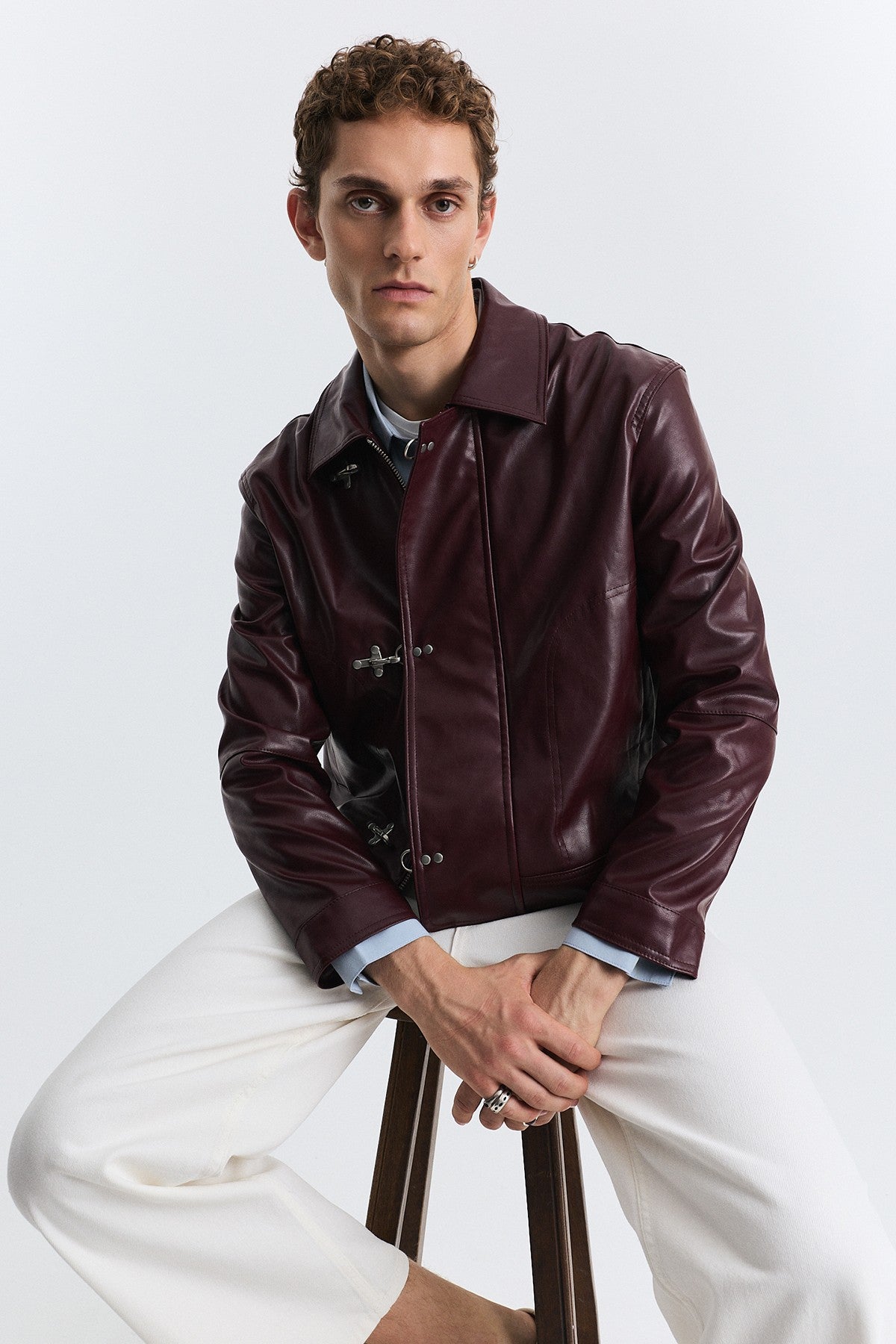 Faux Leather Jacket with Metal-Embellished Buttons