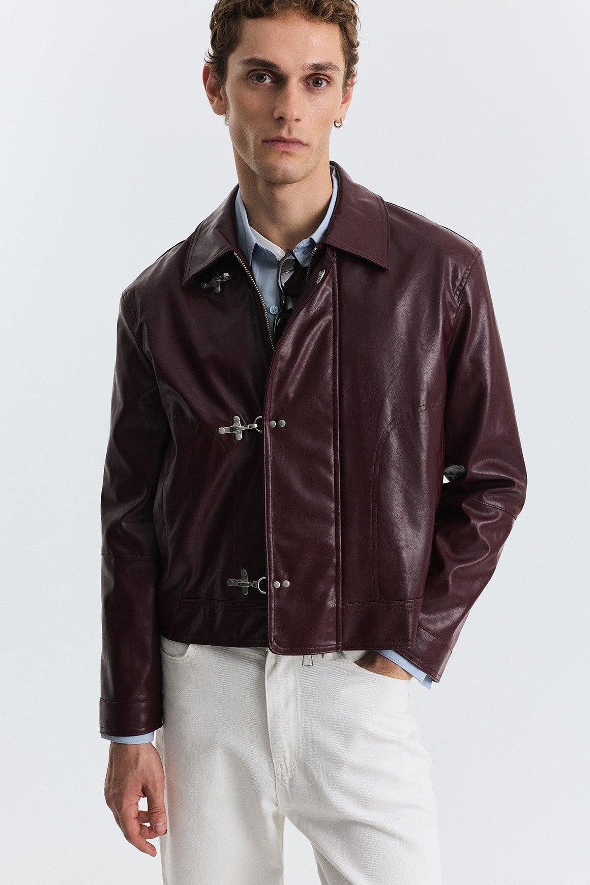 Faux Leather Jacket with Metal-Embellished Buttons