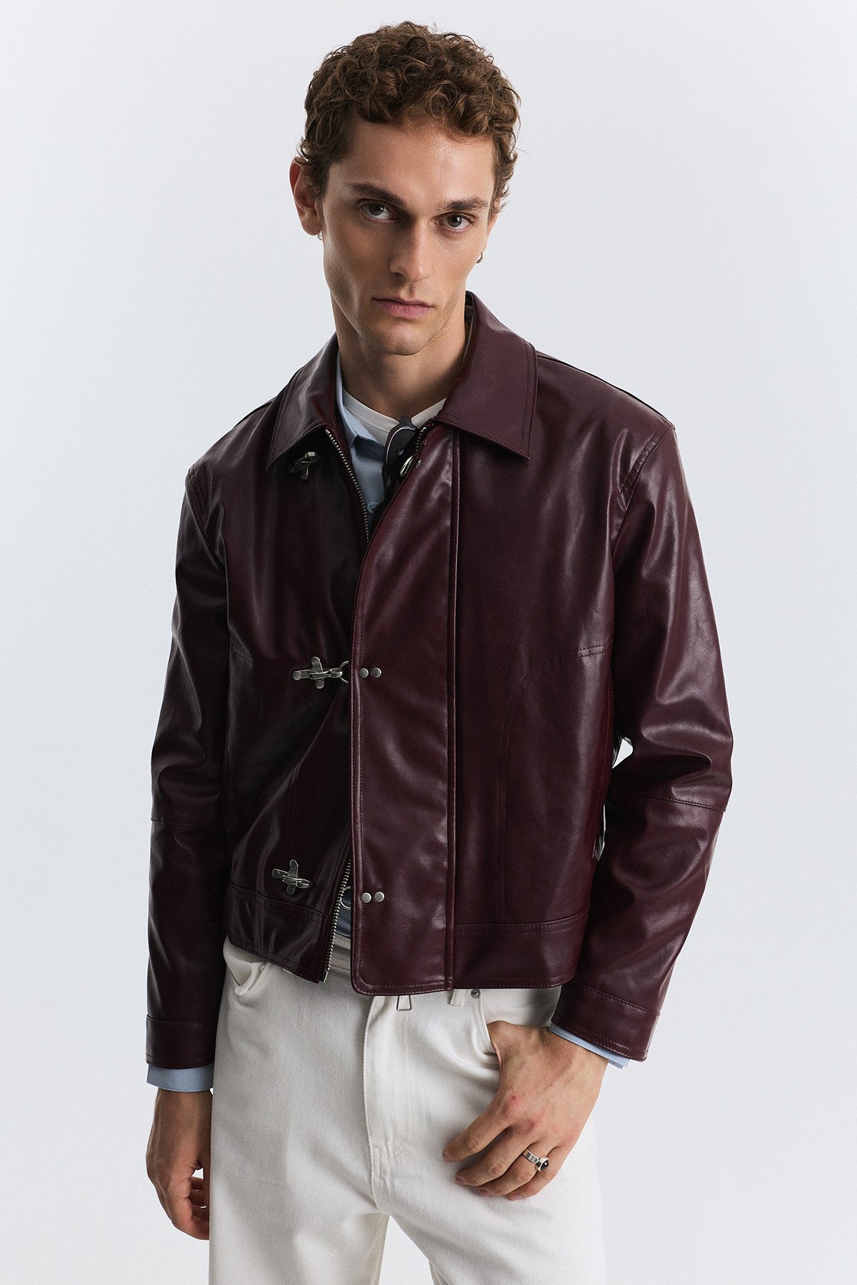 Faux Leather Jacket with Metal-Embellished Buttons