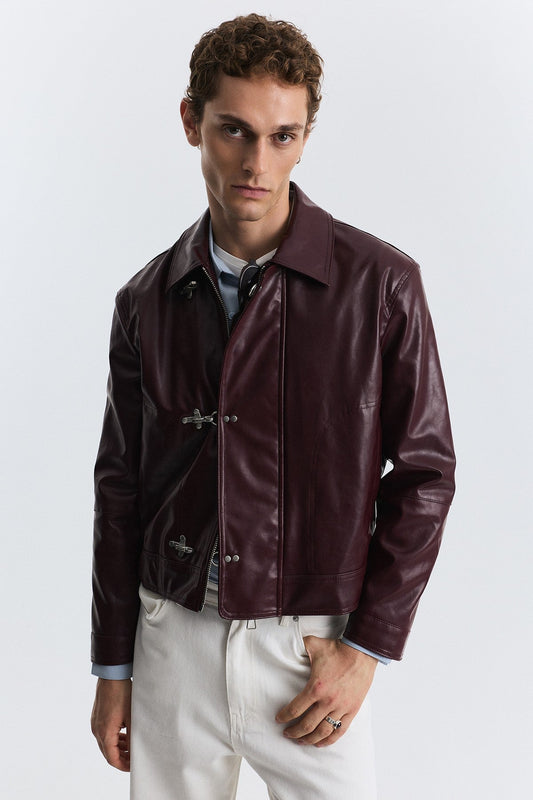 Faux Leather Jacket with Metal-Embellished Buttons