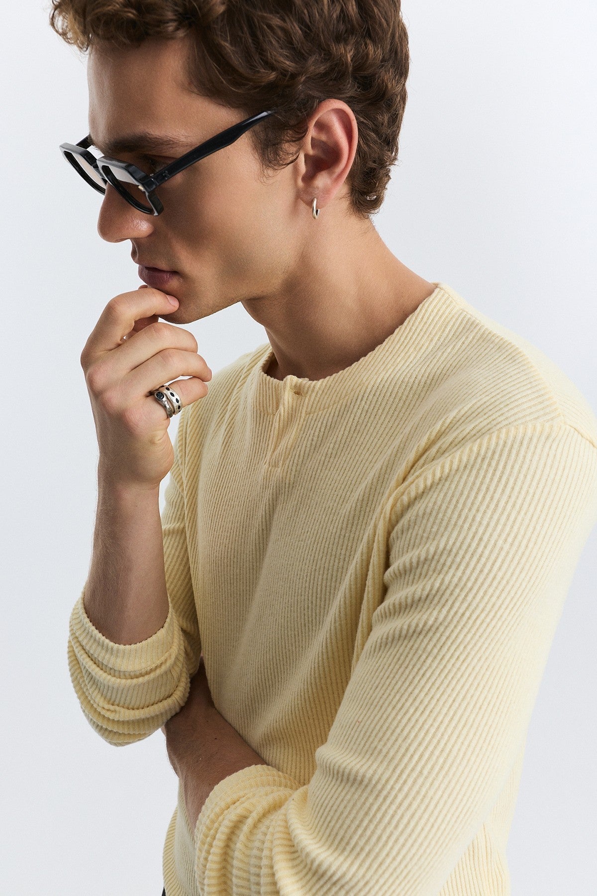 Single-Button, Ribbed, Long-Sleeved T-Shirt