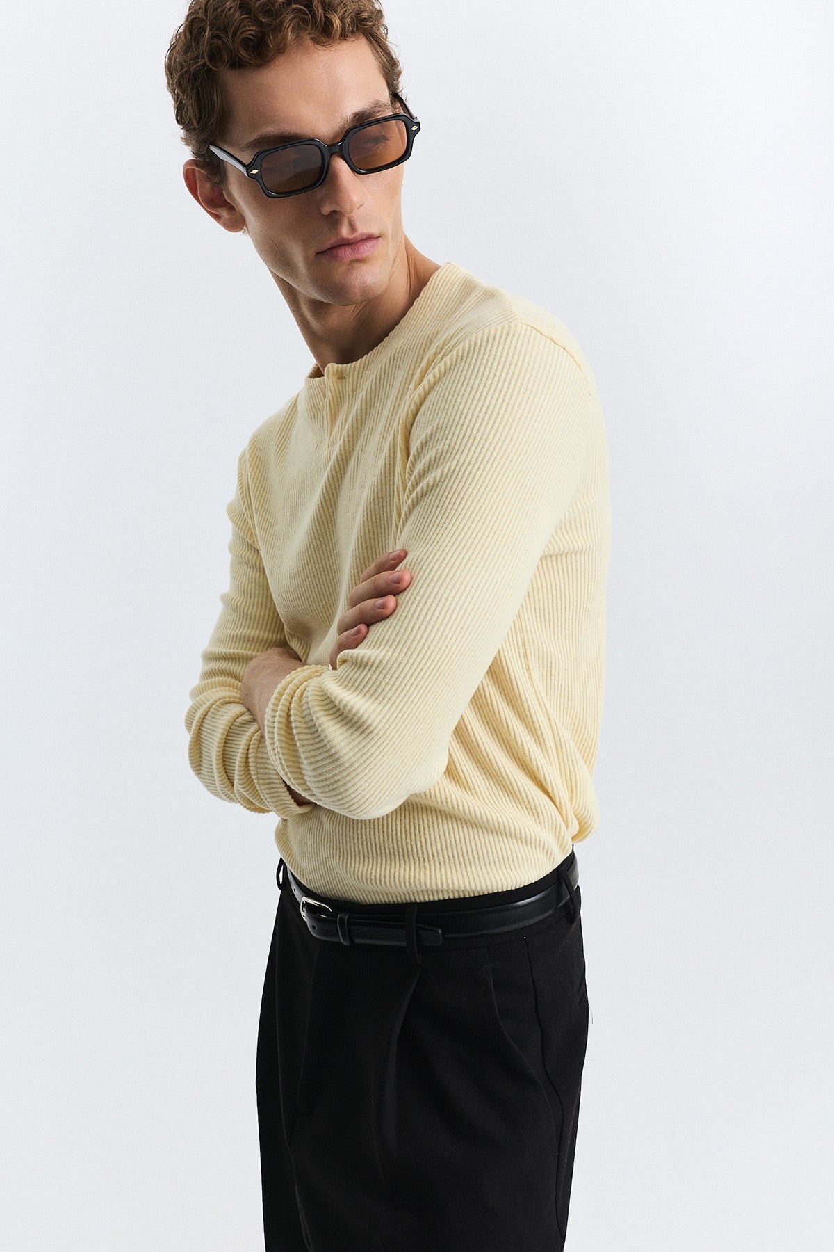 Single-Button, Ribbed, Long-Sleeved T-Shirt