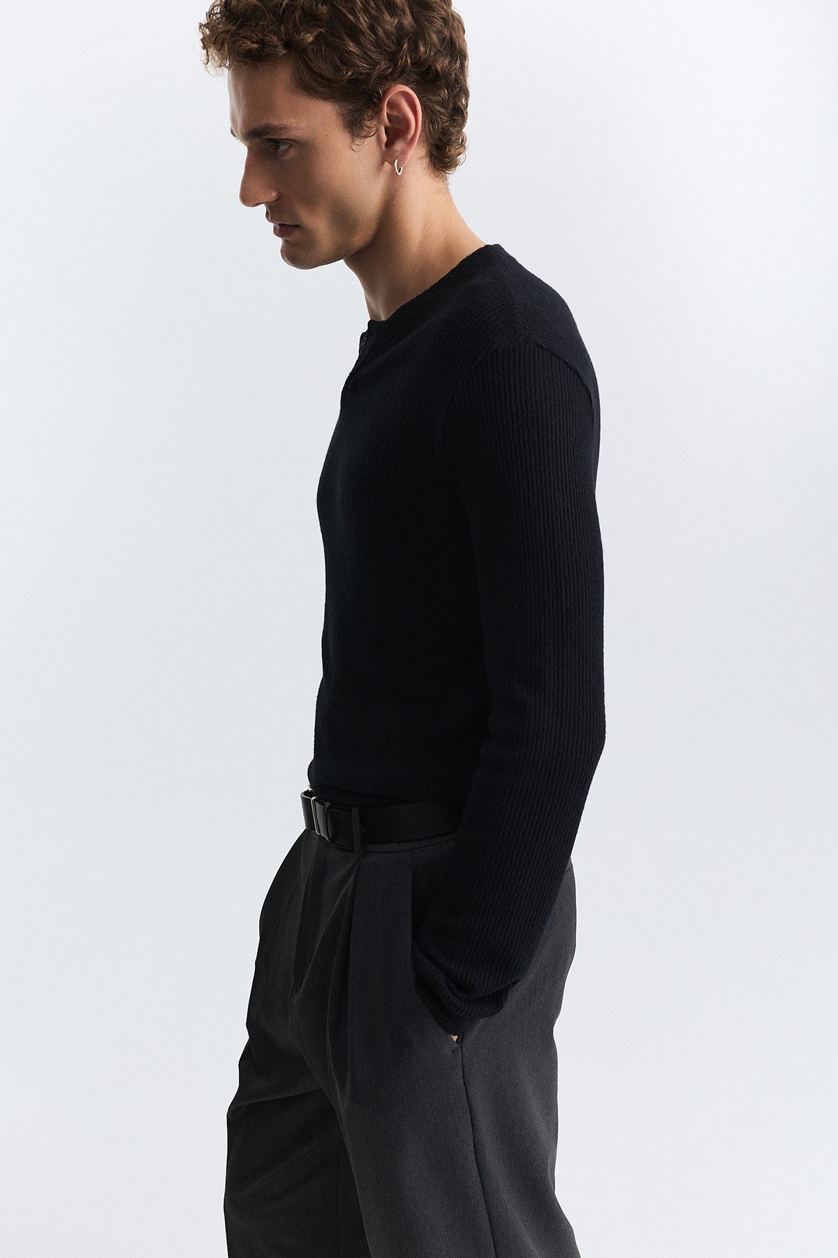 Single-Button, Ribbed, Long-Sleeved T-Shirt