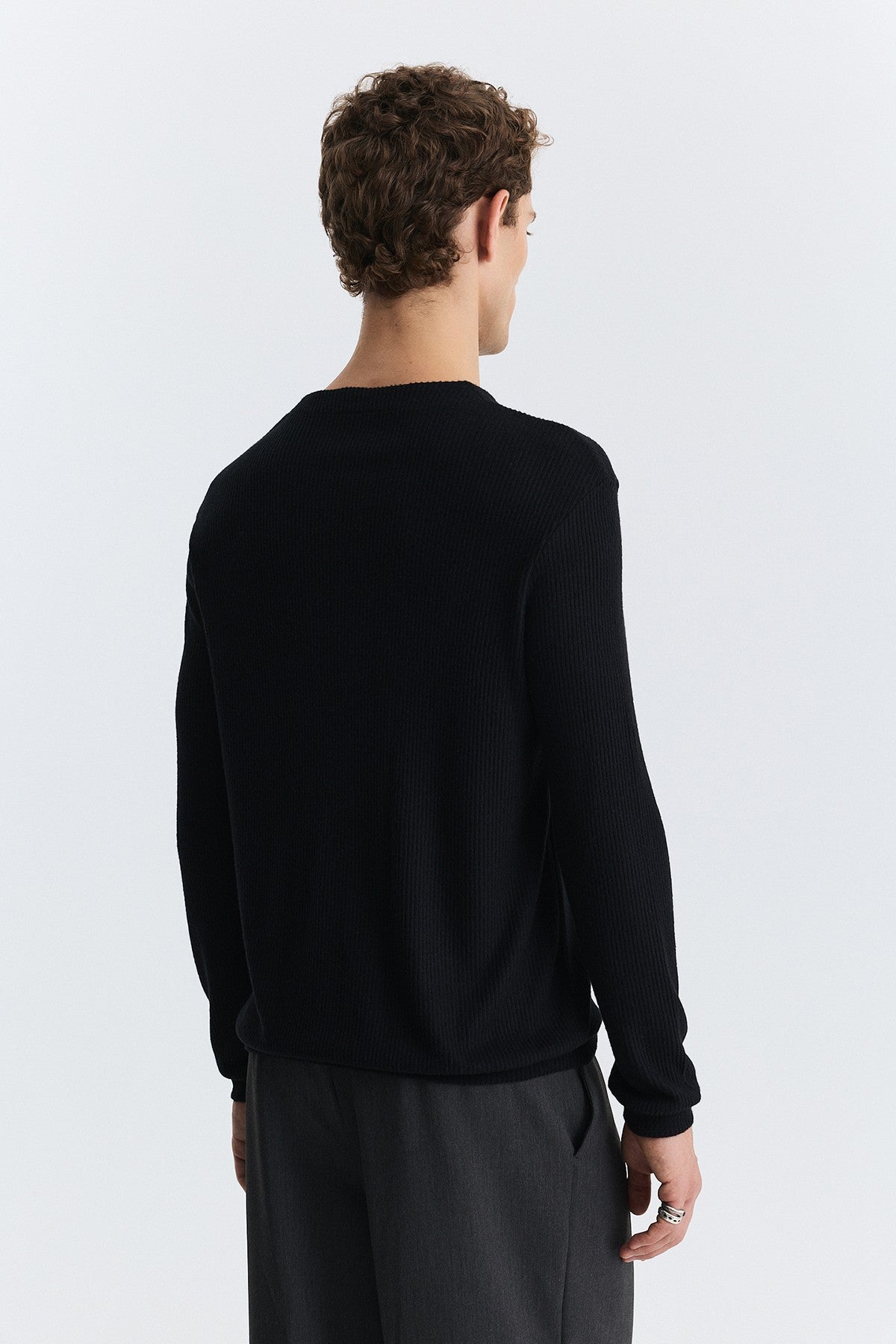 Single-Button, Ribbed, Long-Sleeved T-Shirt