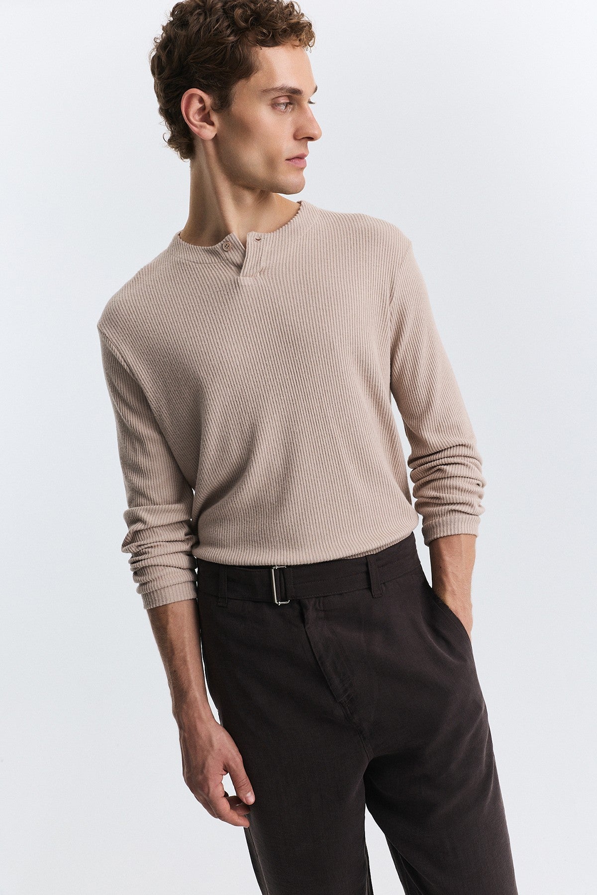 Single-Button, Ribbed, Long-Sleeved T-Shirt