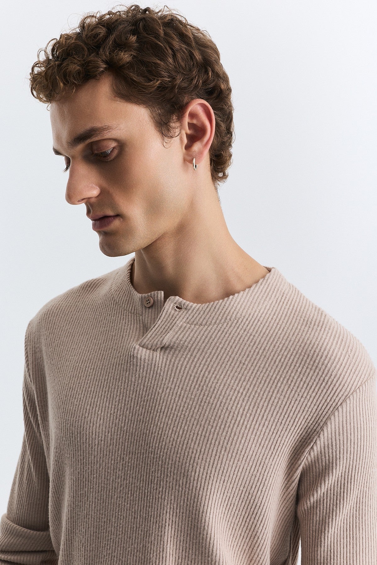 Single-Button, Ribbed, Long-Sleeved T-Shirt