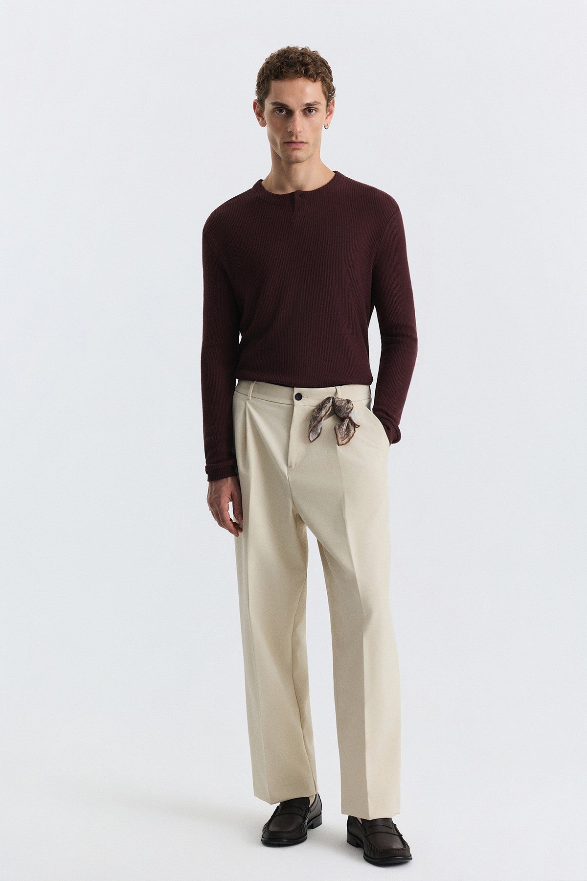 Single-Button, Ribbed, Long-Sleeved T-Shirt
