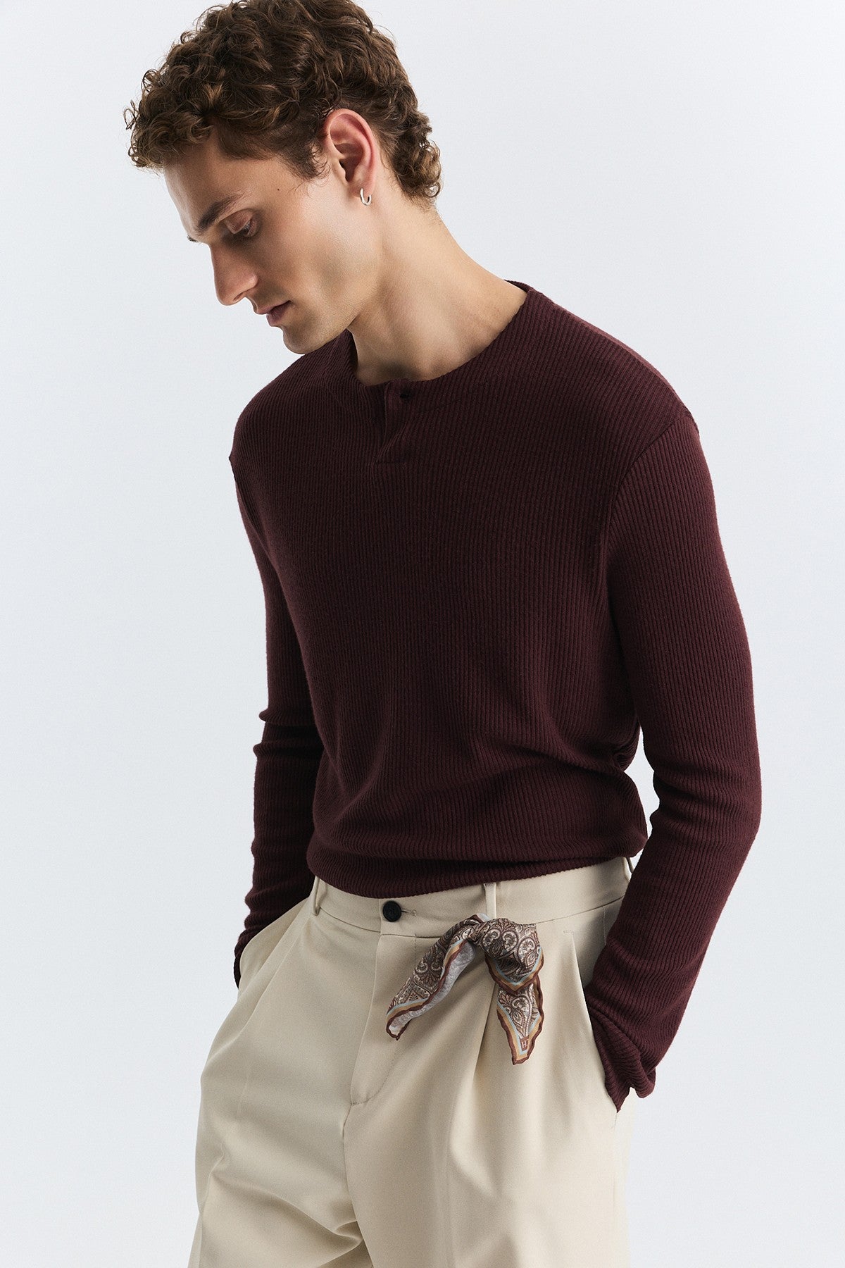 Single-Button, Ribbed, Long-Sleeved T-Shirt