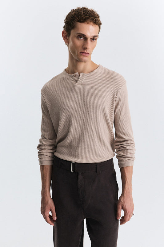 Single-Button, Ribbed, Long-Sleeved T-Shirt