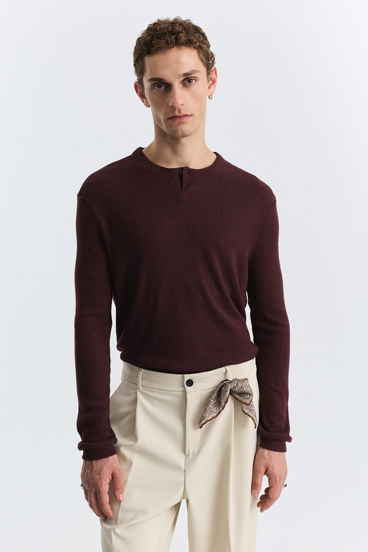 Single-Button, Ribbed, Long-Sleeved T-Shirt