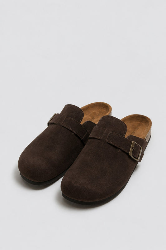 100% Suede Clog-Style Slippers with Buckles