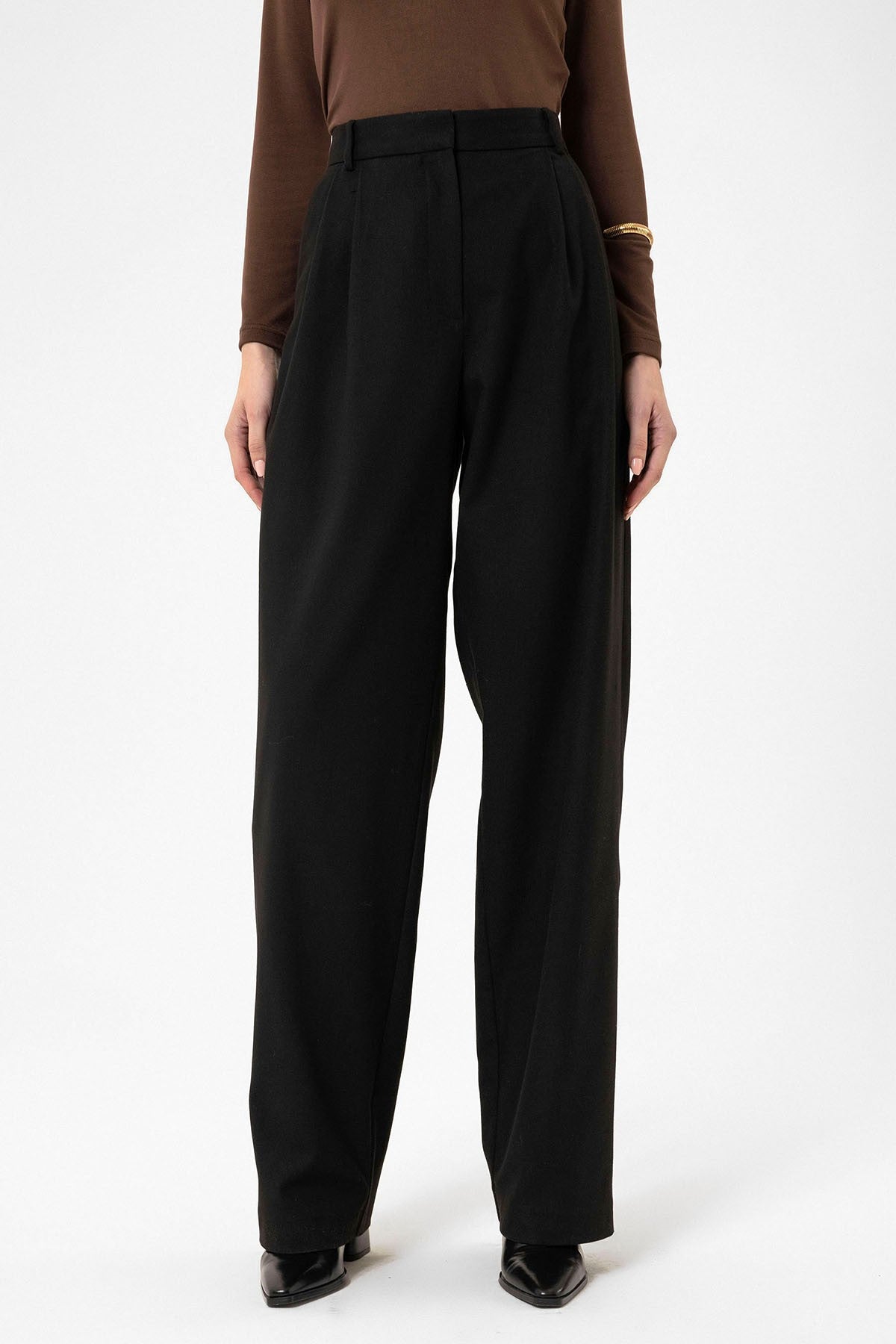 Women's High-Waisted Pants with Seam Details, Straight Fit