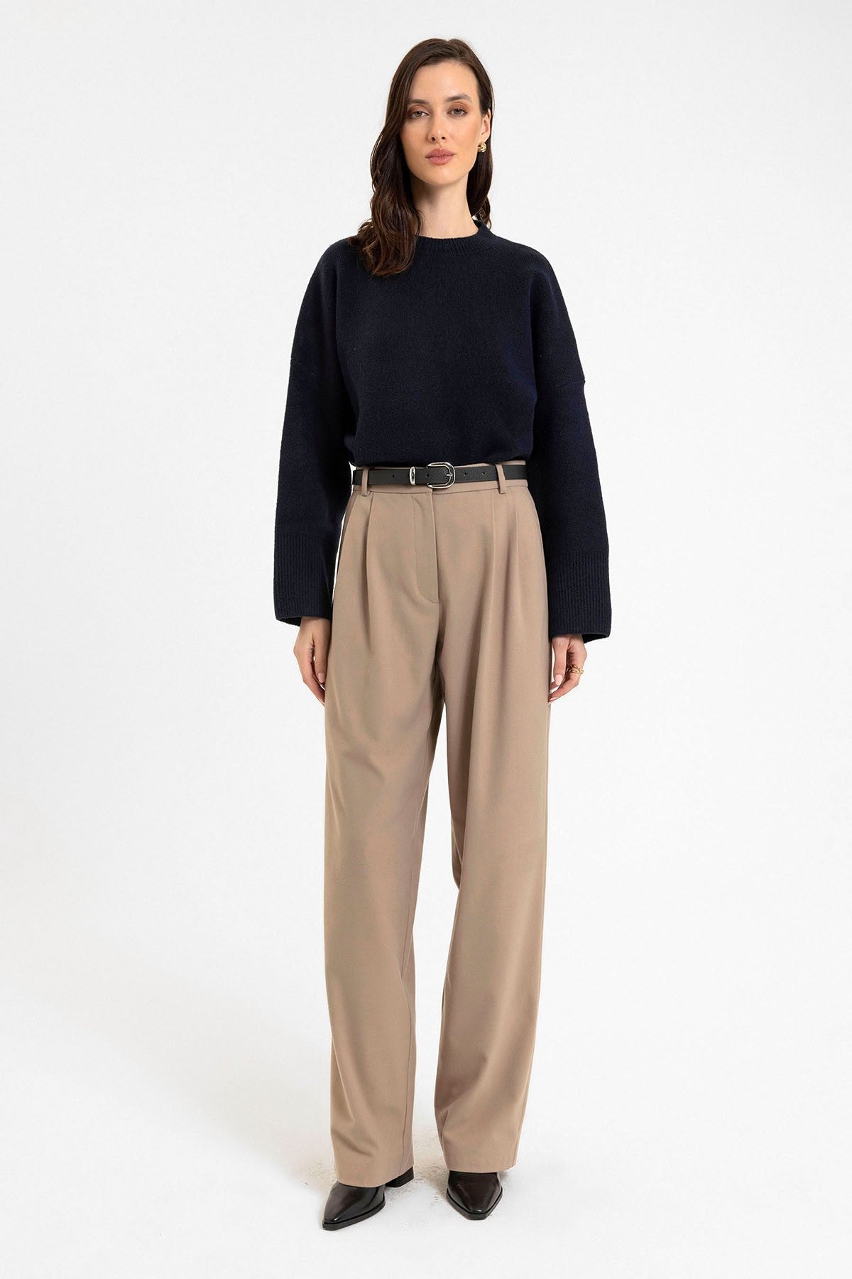 Women's High-Waisted Pants with Seam Details, Straight Fit