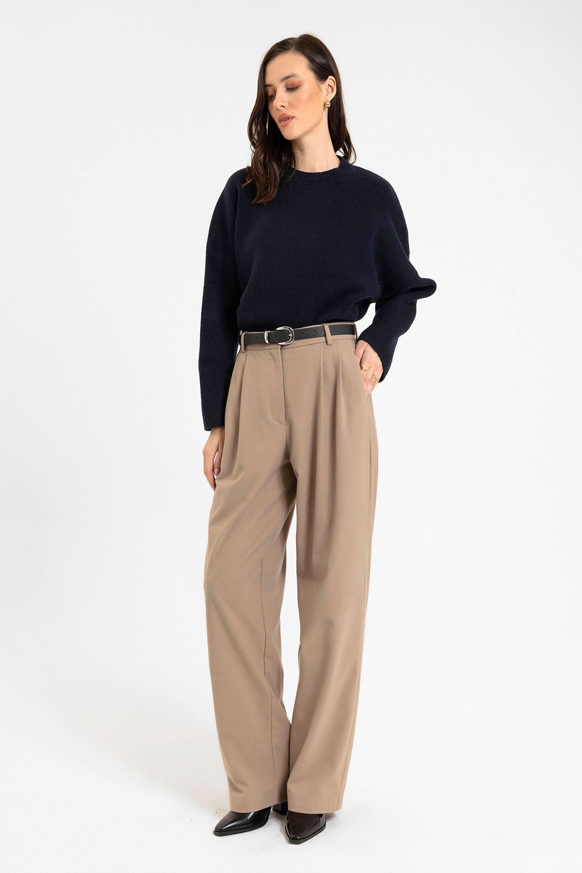 Women's High-Waisted Pants with Seam Details, Straight Fit