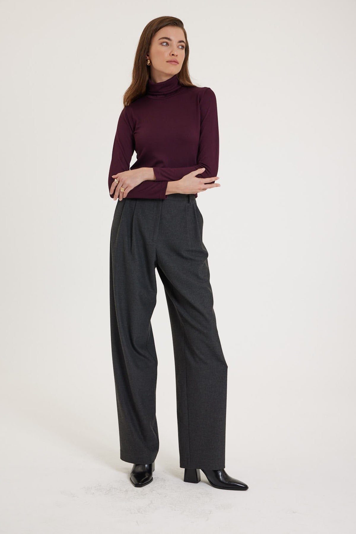 Women's High-Waisted Pants with Seam Details, Straight Fit