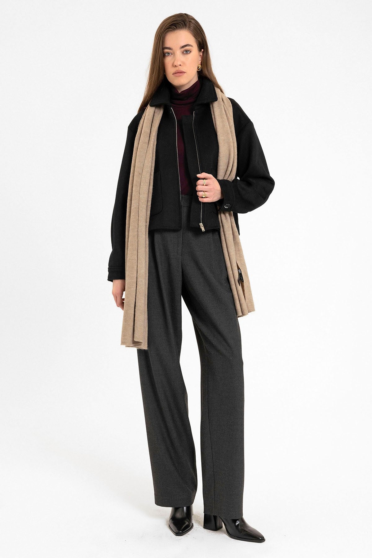 Women's High-Waisted Pants with Seam Details, Straight Fit