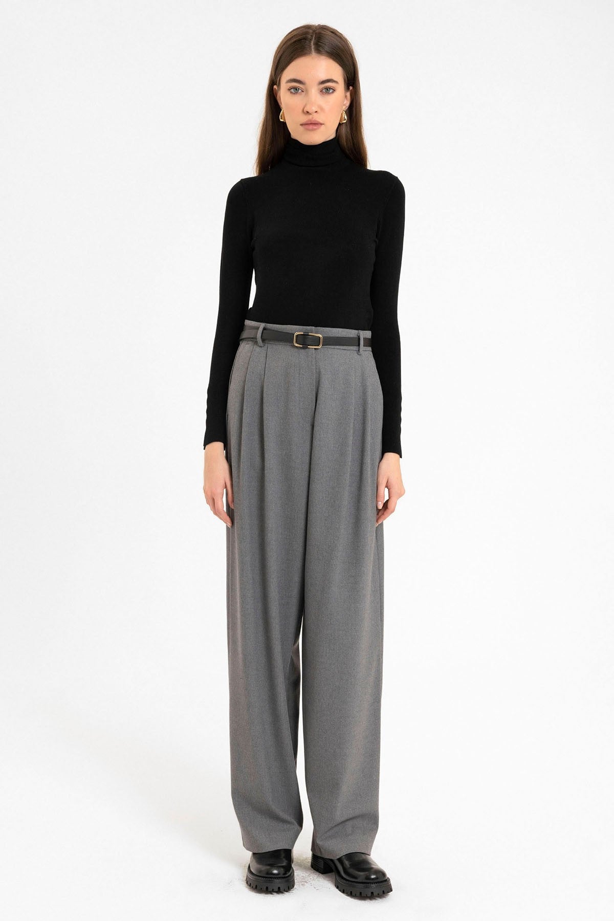 Women's High-Waisted Pants with Seam Details, Straight Fit