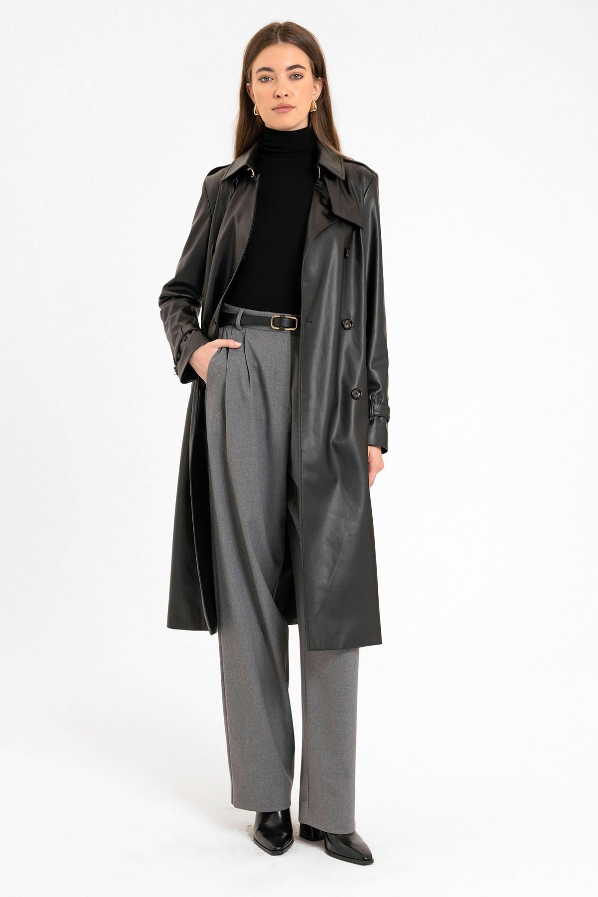 Women's High-Waisted Pants with Seam Details, Straight Fit
