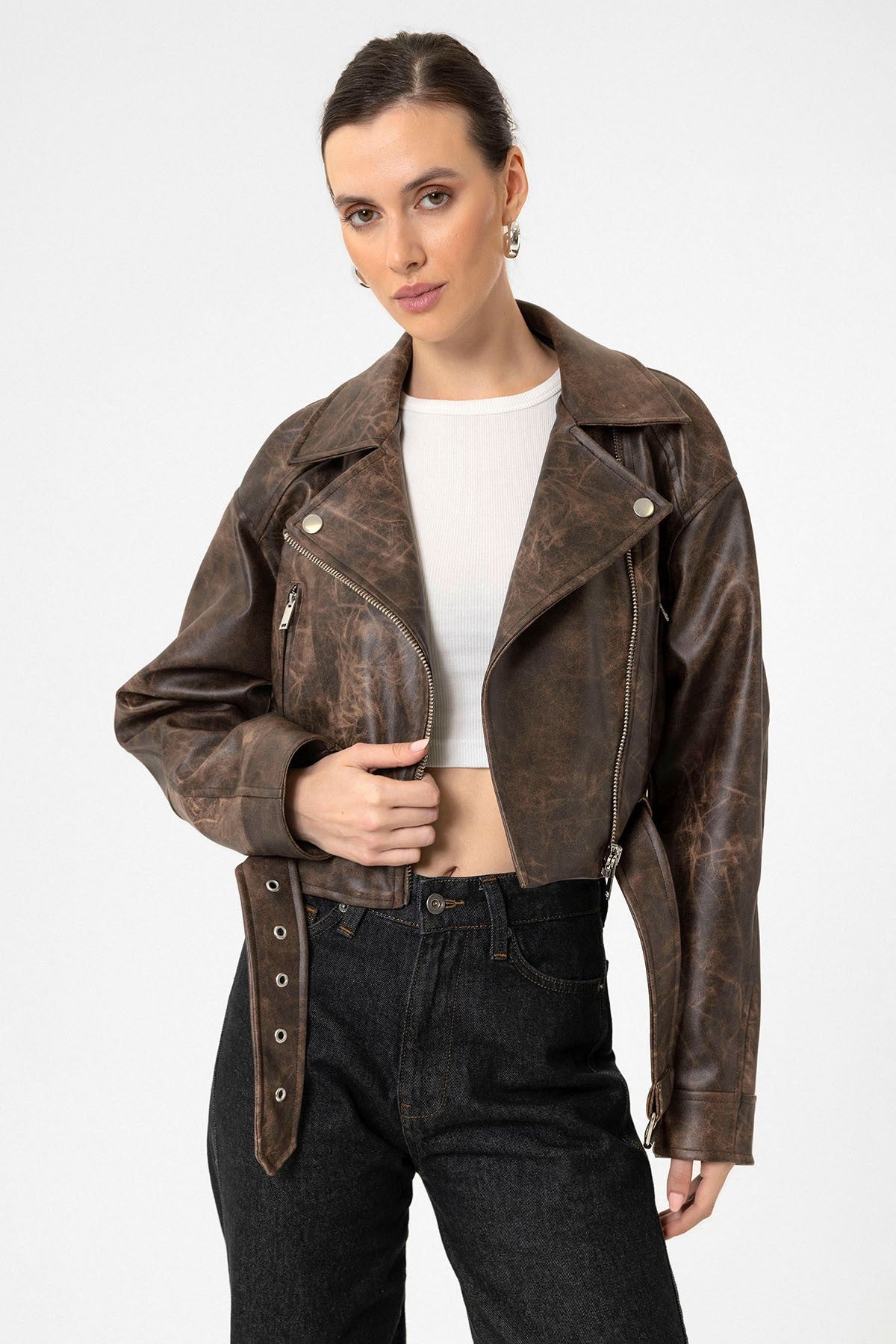 Antioch Women's Faux Leather Crop Biker Jacket