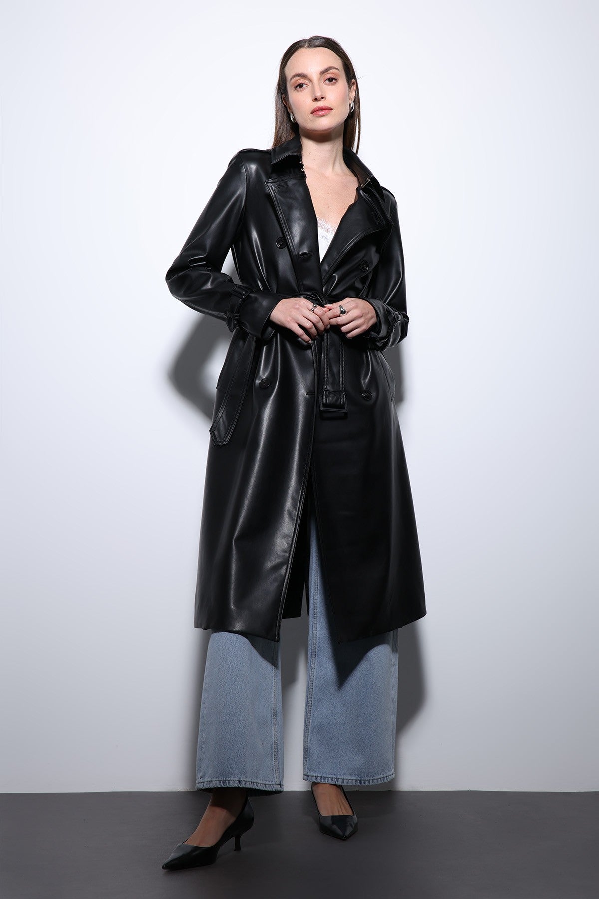 Antioch Women's Faux Leather Belted Trench Coat