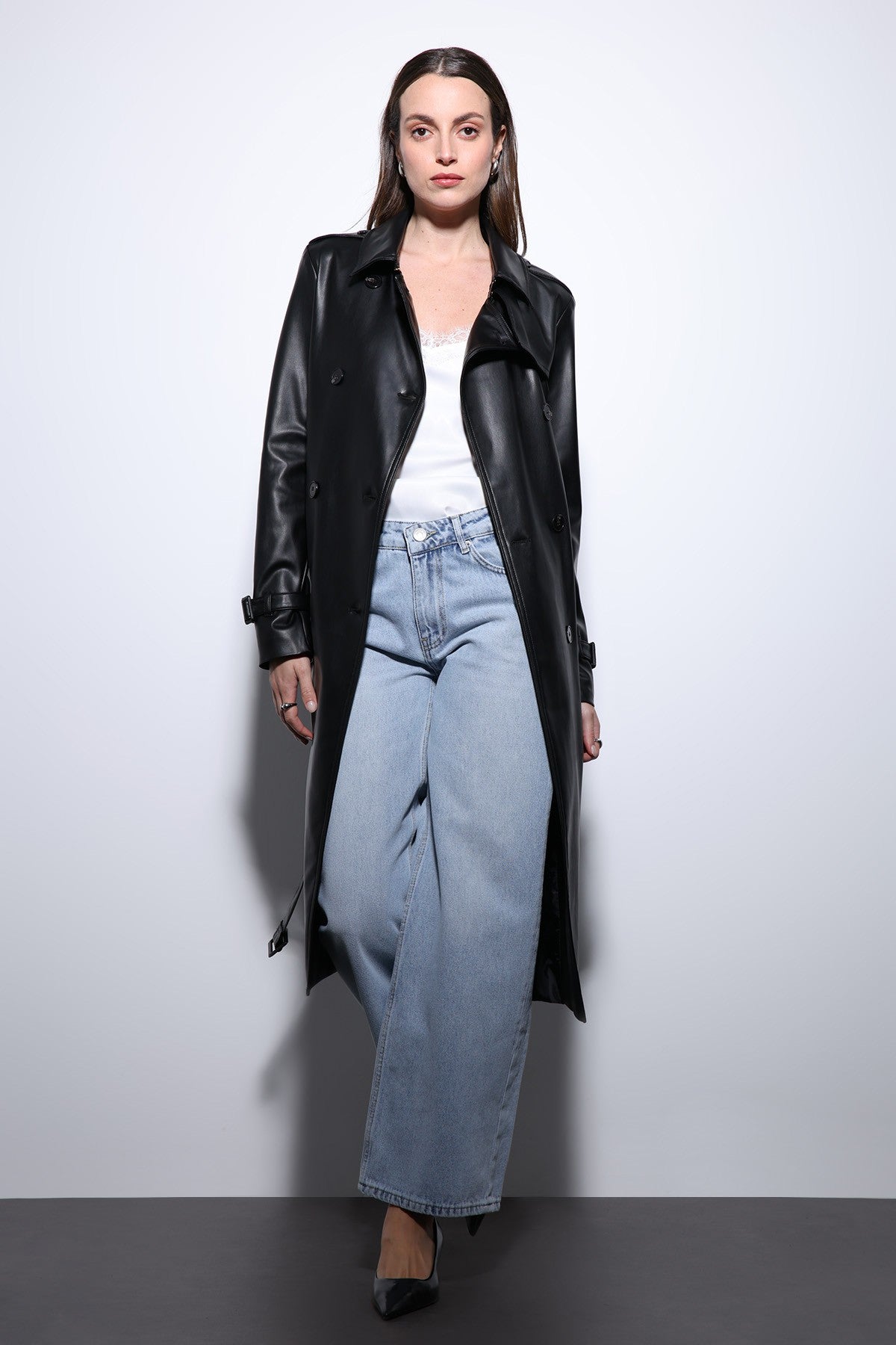 Antioch Women's Faux Leather Belted Trench Coat