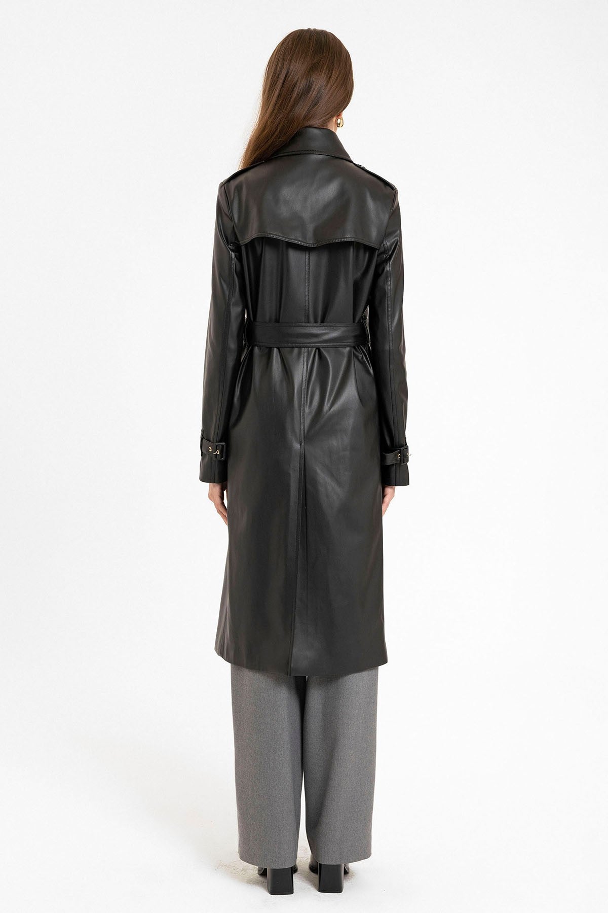 Antioch Women's Faux Leather Belted Trench Coat