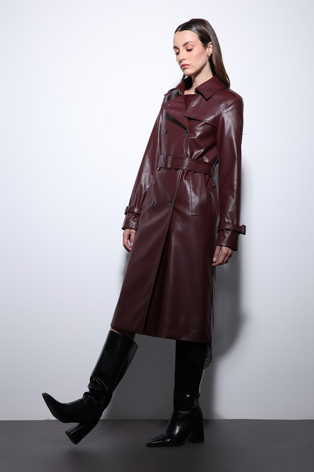 Antioch Women's Faux Leather Belted Trench Coat