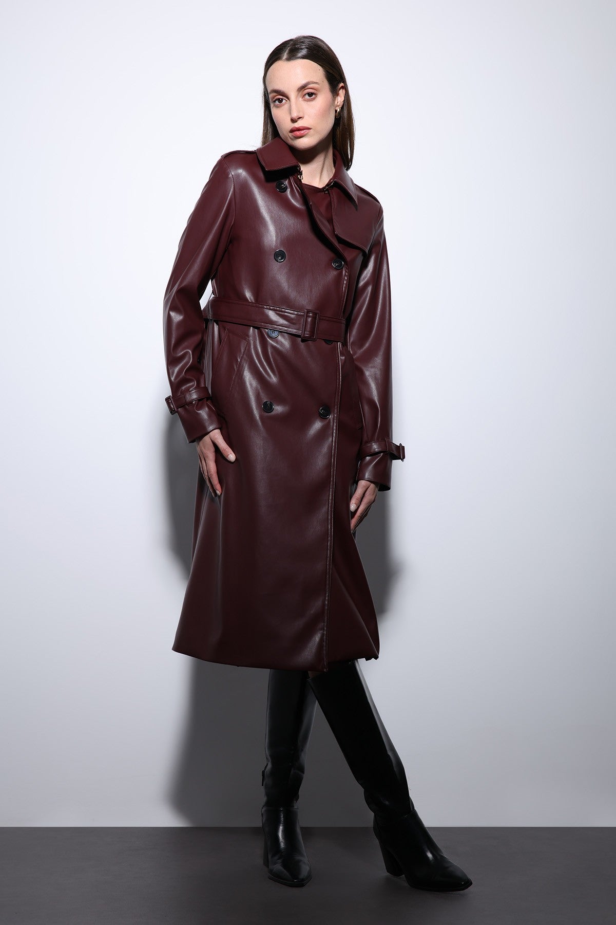 Antioch Women's Faux Leather Belted Trench Coat