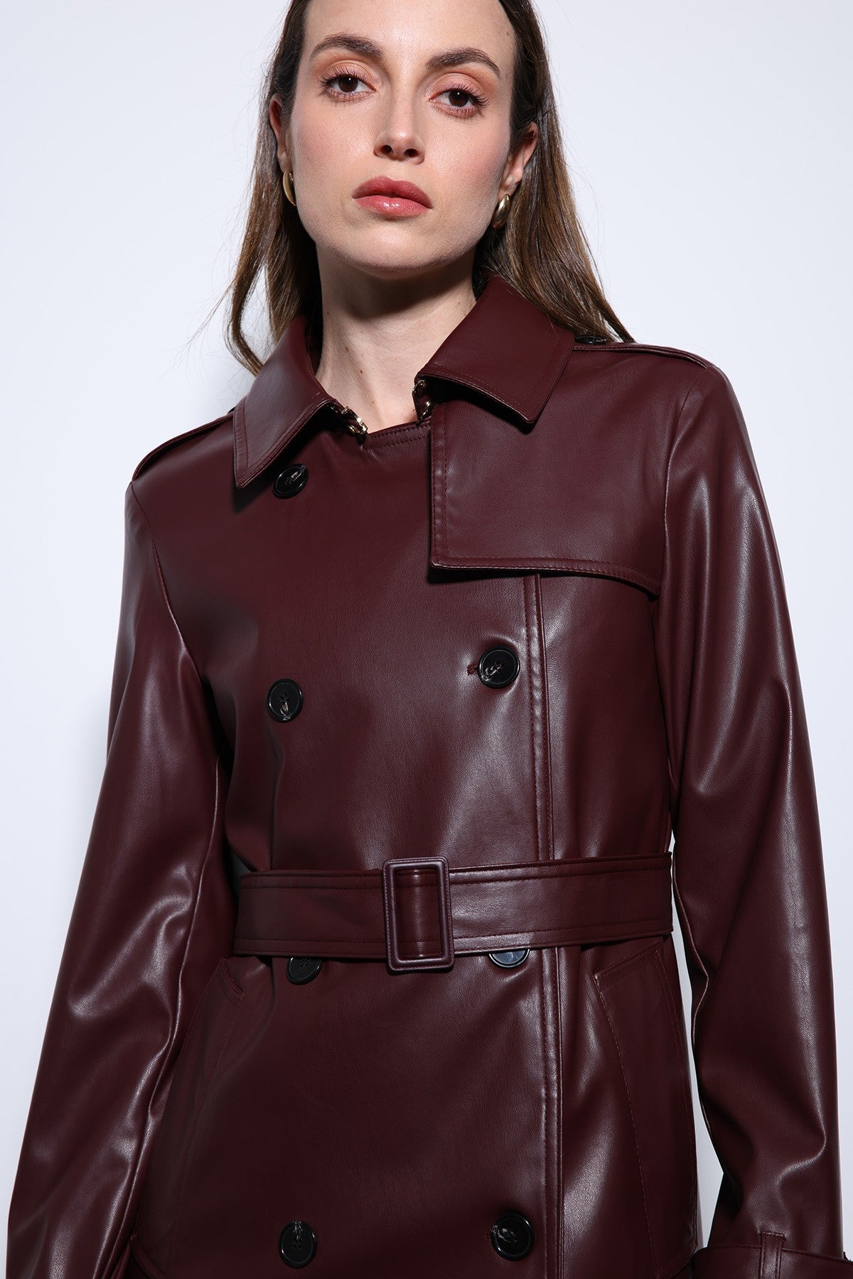 Antioch Women's Faux Leather Belted Trench Coat
