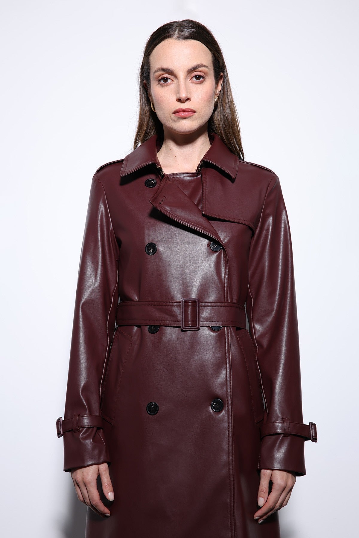 Antioch Women's Faux Leather Belted Trench Coat