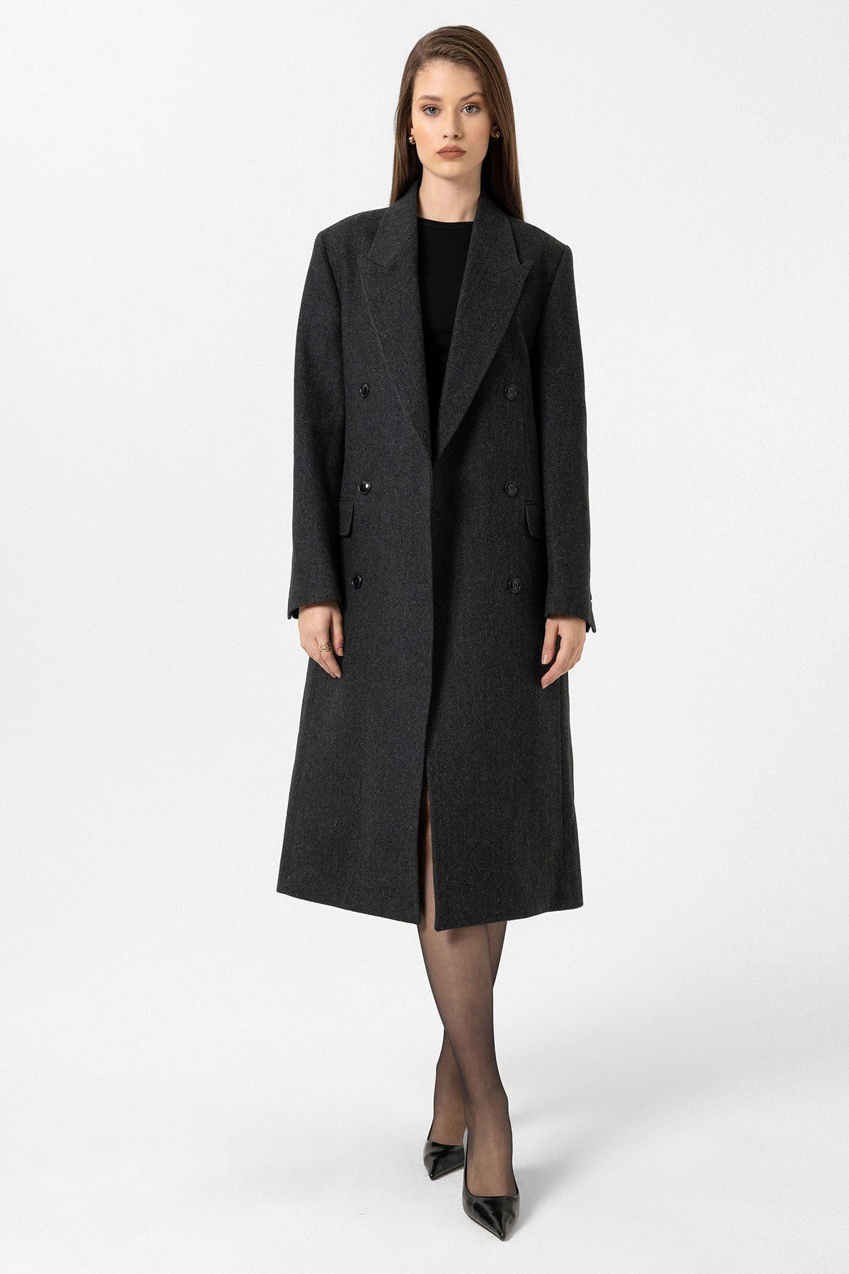 Women's Herringbone-Patterned Double-Breasted Coat
