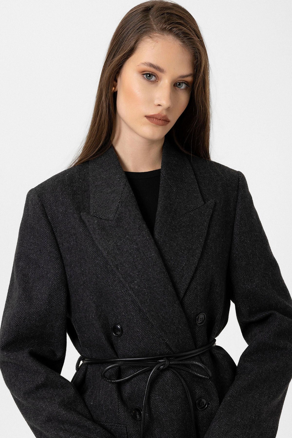 Women's Herringbone-Patterned Double-Breasted Coat