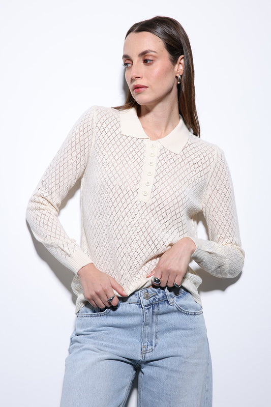 Women's Patterned Polo-Neck Knit Sweater by Antioch