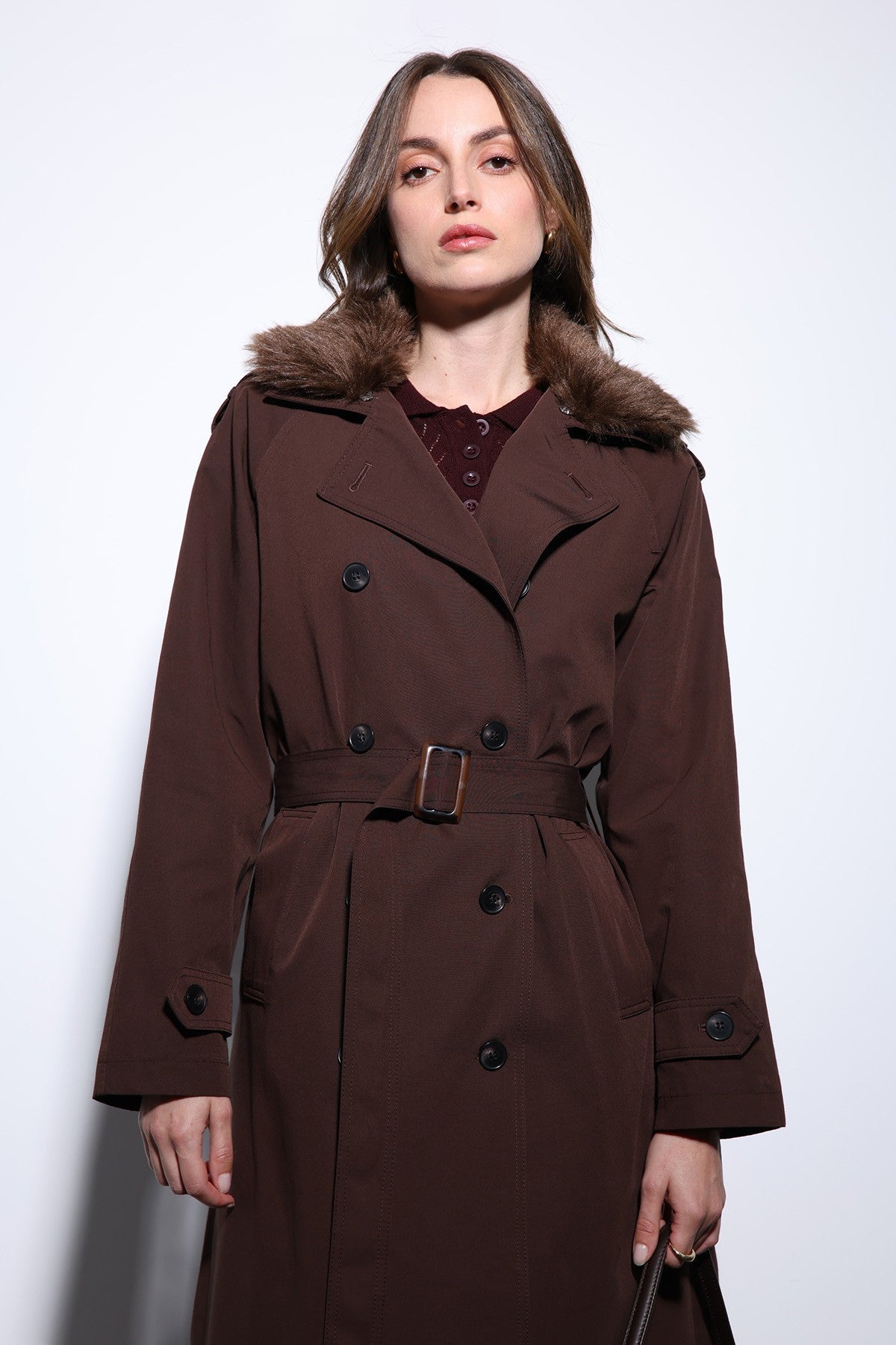 Antioch Women's Trench Coat with Faux Fur Collar
