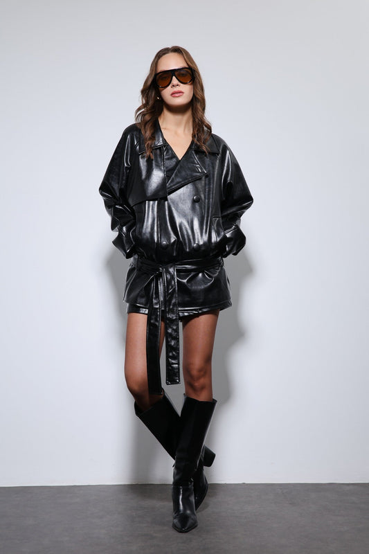 Antioch Faux Leather Belted Trench Coat