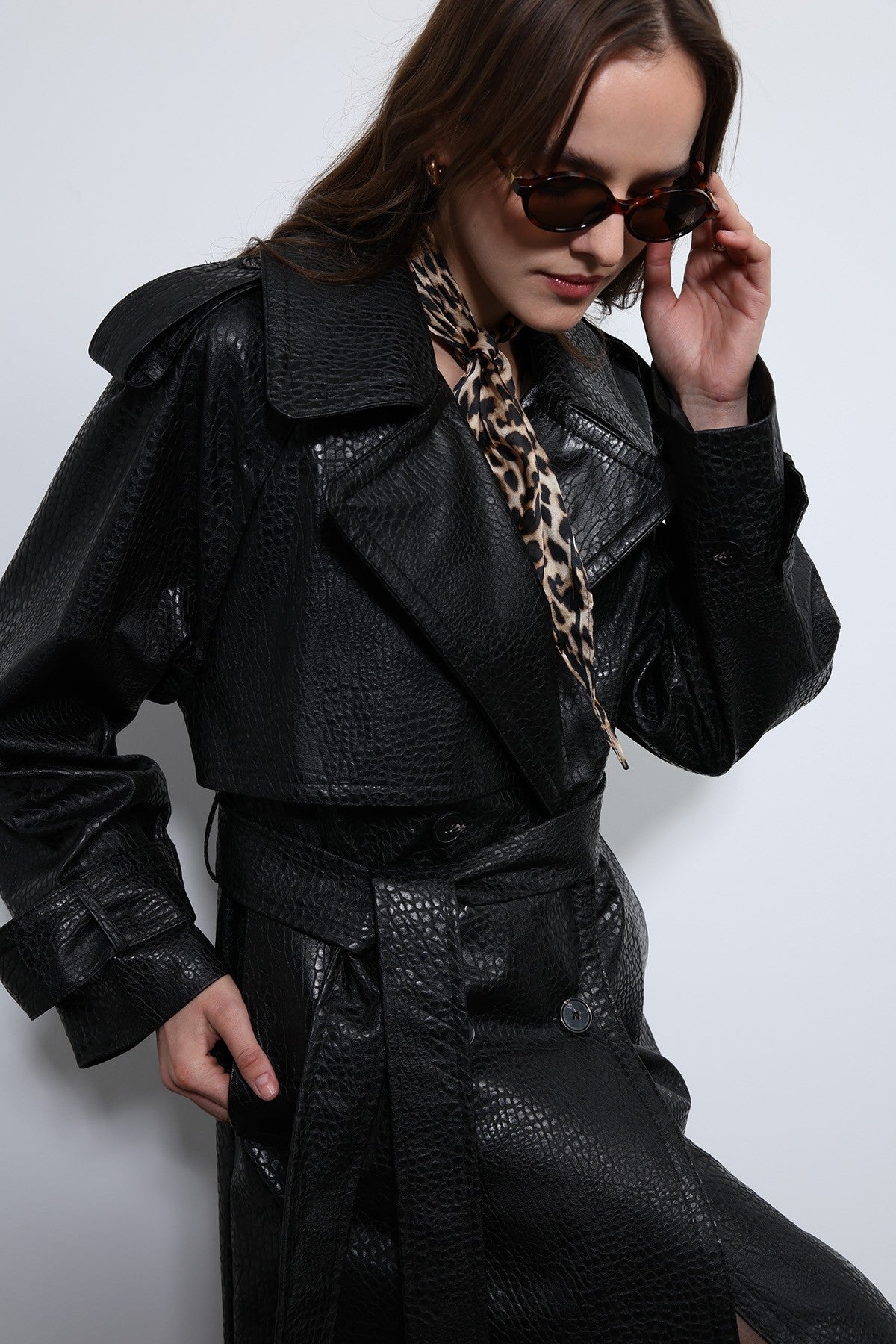 Antioch Textured Faux Leather Trench Coat