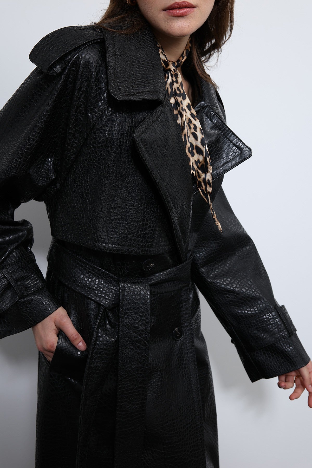 Antioch Textured Faux Leather Trench Coat