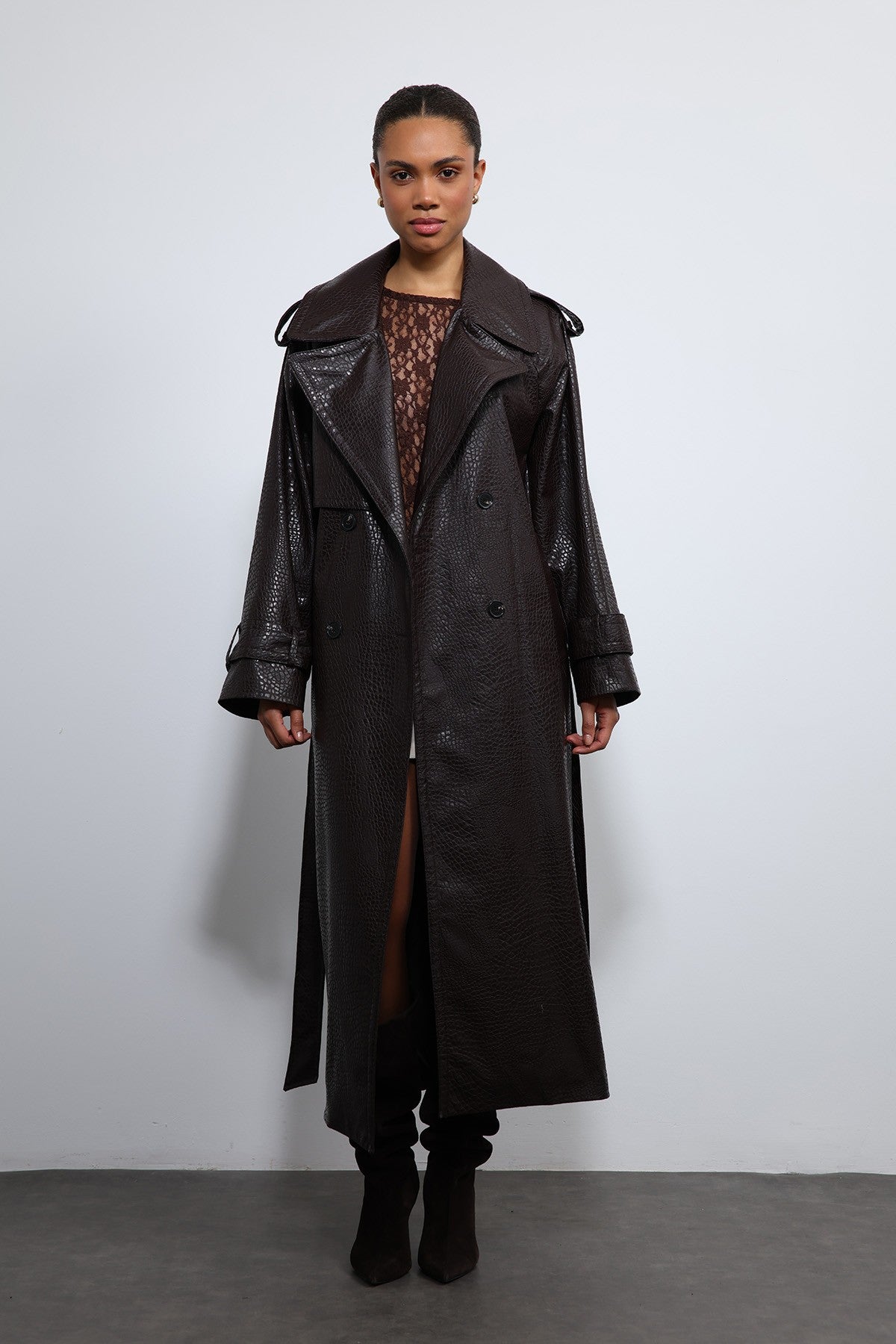 Antioch Textured Faux Leather Trench Coat